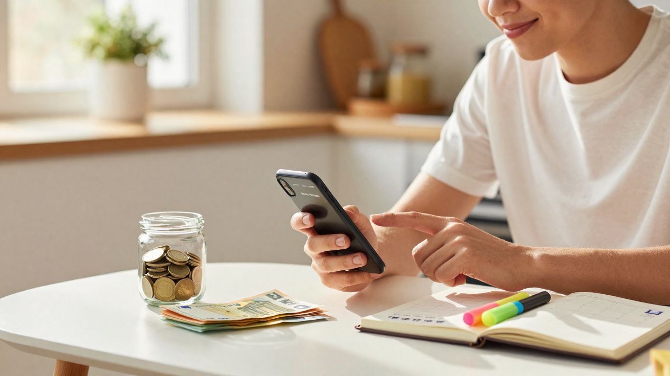 Pessoa usando celular para controlar finanças, com moedas em pote, cédulas e agenda em mesa branca.