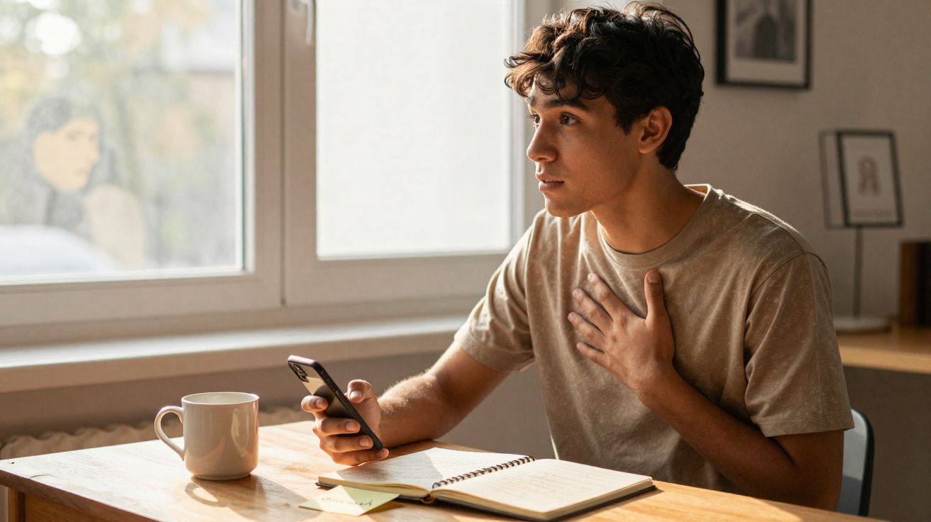 Jovem sentado à mesa com celular e caderno, aparentando surpresa ou preocupação.