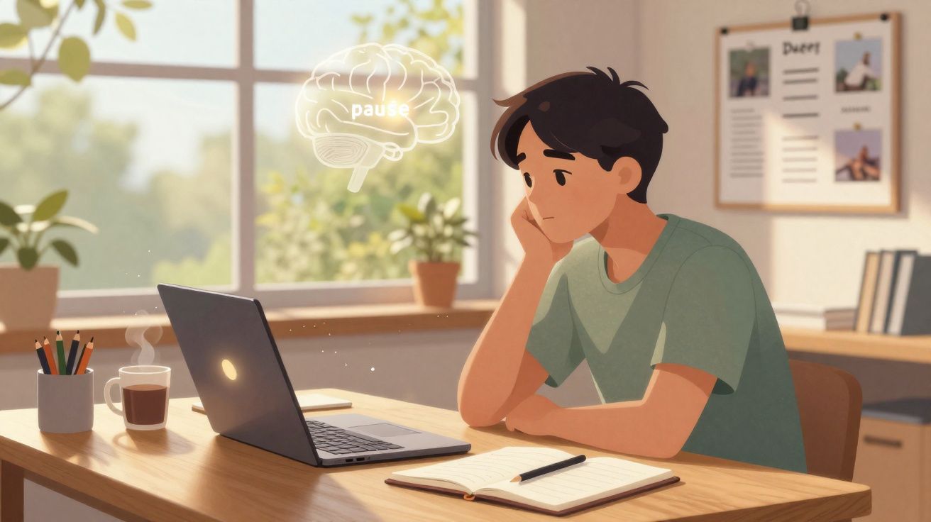 Jovem pensativo em frente a laptop, com caderno e caneca em uma mesa iluminada por luz natural.