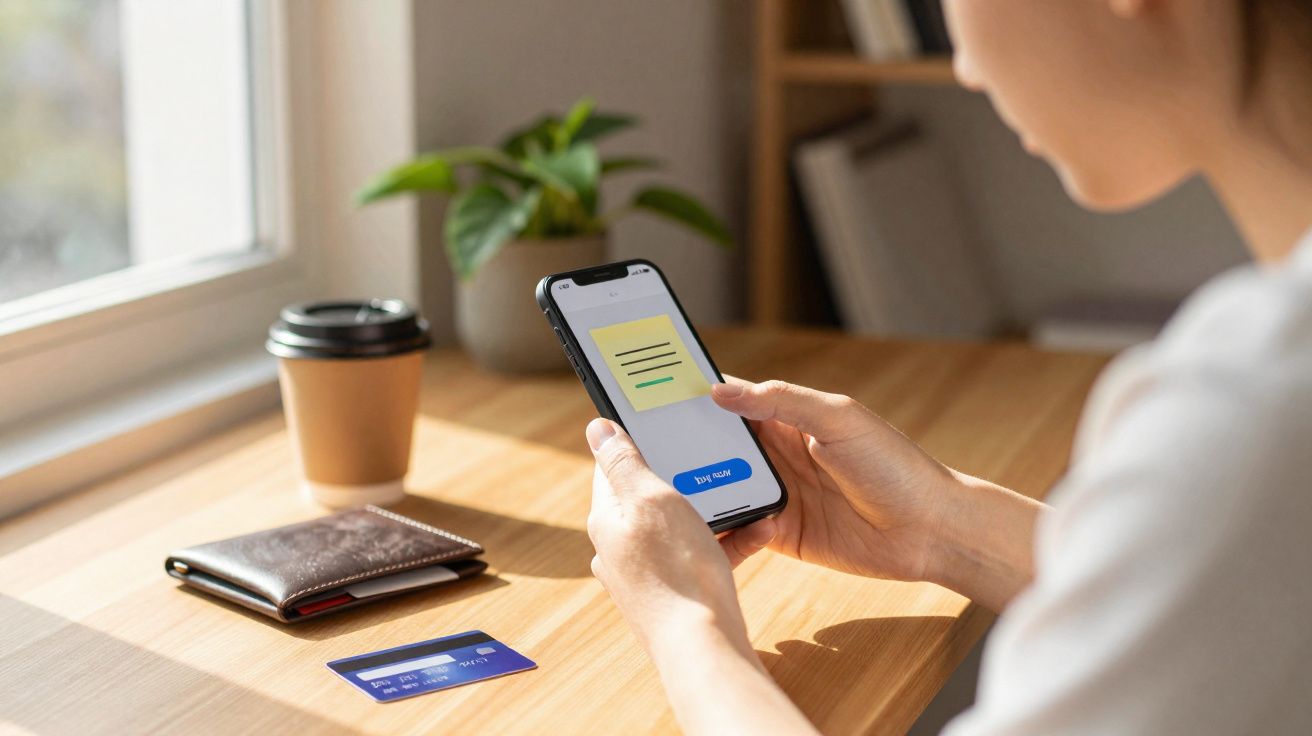 Pessoa segurando smartphone com app de pagamento aberto, cartão de crédito, carteira e café na mesa de madeira.