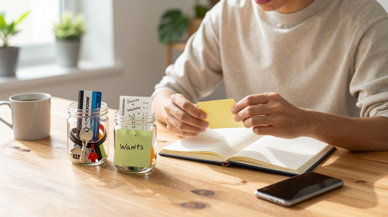 Pessoa organizando prioridades financeiras com potes de vidro rotulados e anotação em papel, ao lado de celular e caneca.