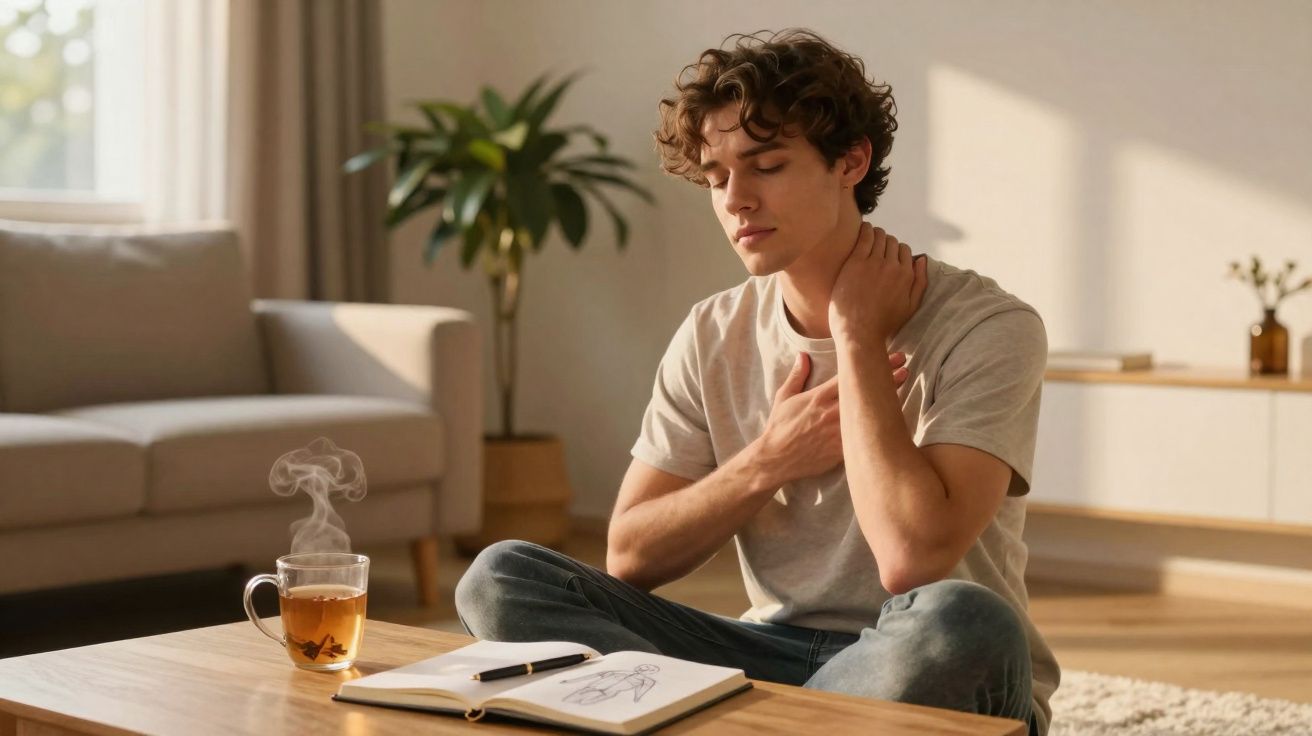 Homem jovem sentado no chão, segurando o pescoço com expressão de desconforto, ao lado de mesa com chá e caderno.