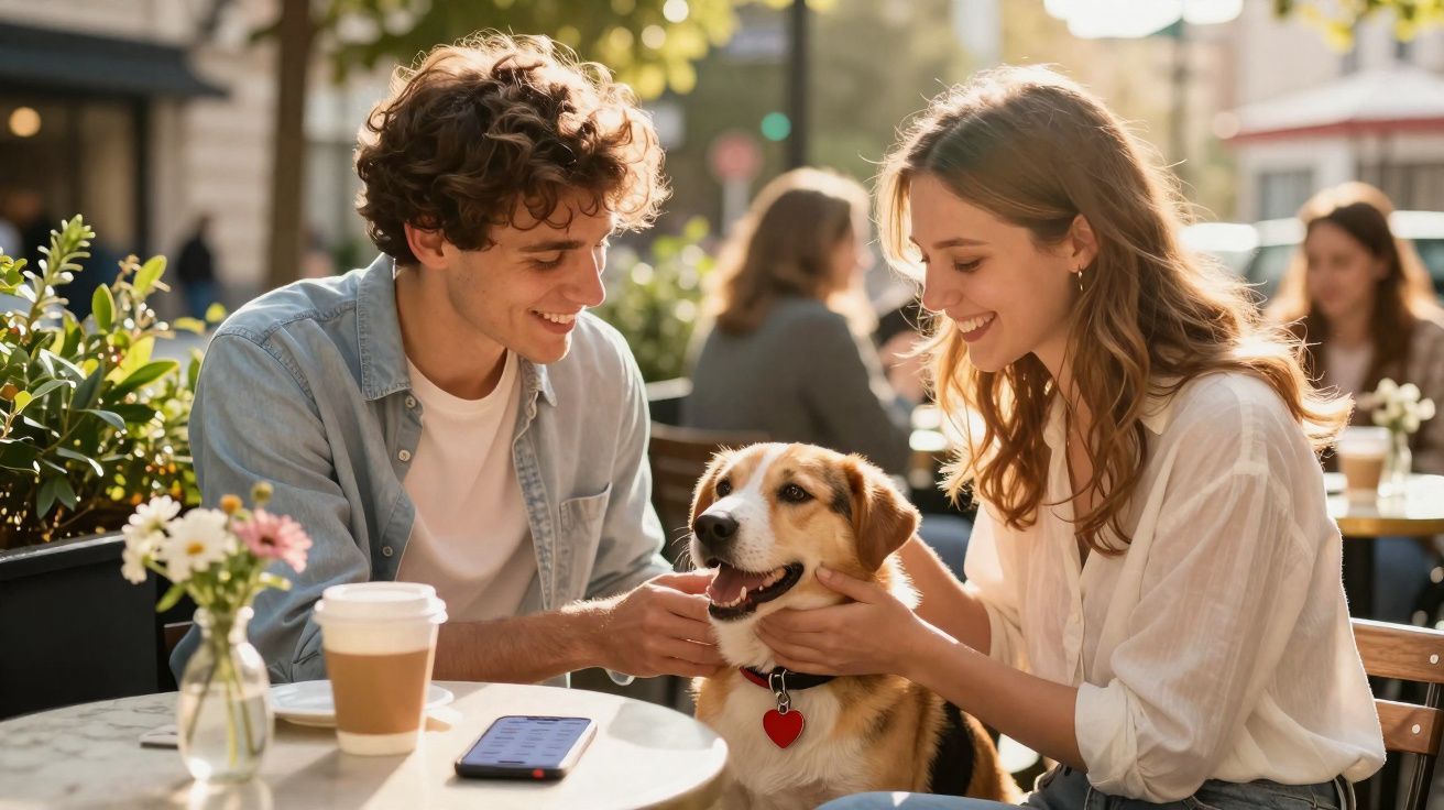 Casal sorrindo e acariciando um cachorro em mesa de café ao ar livre em dia ensolarado.