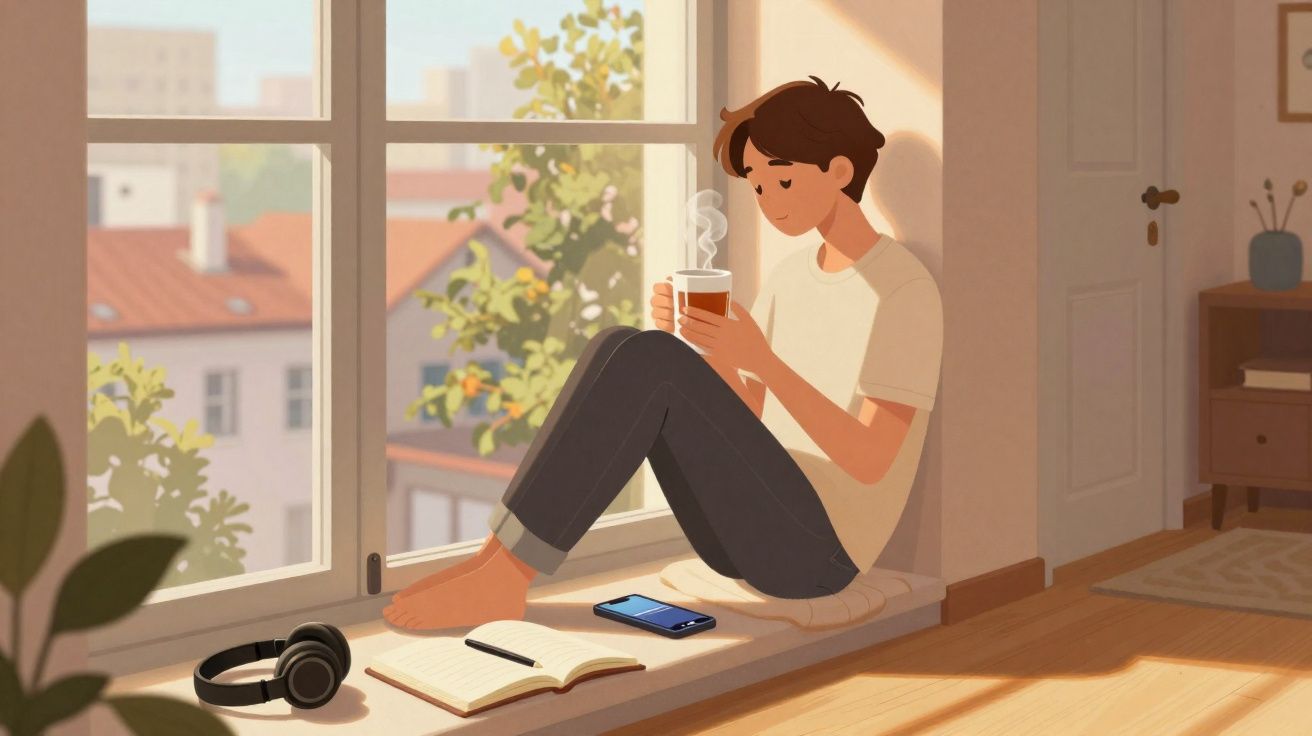 Pessoa sentada à janela com caneca, rodeada por fones, livro aberto e celular em ambiente iluminado.