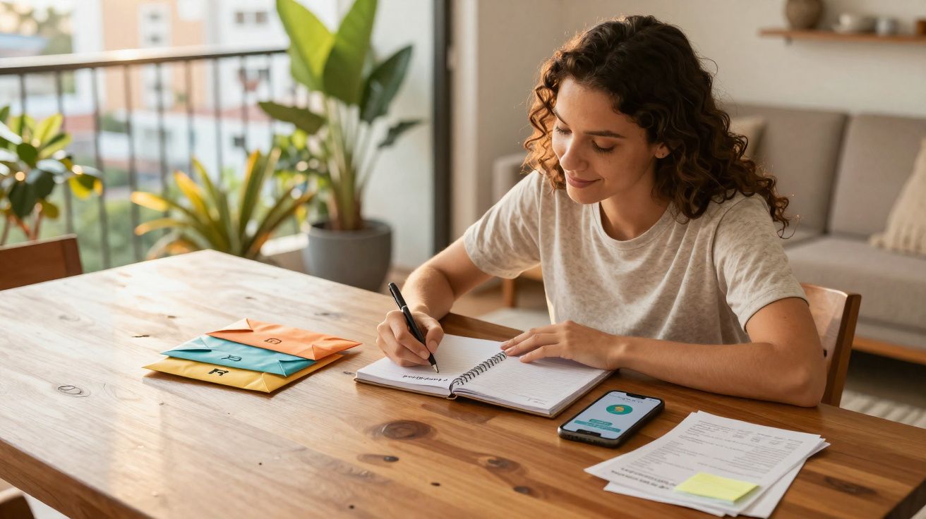 Mulher sorrindo escrevendo em caderno numa mesa com envelopes, smartphone e documentos, em ambiente iluminado.