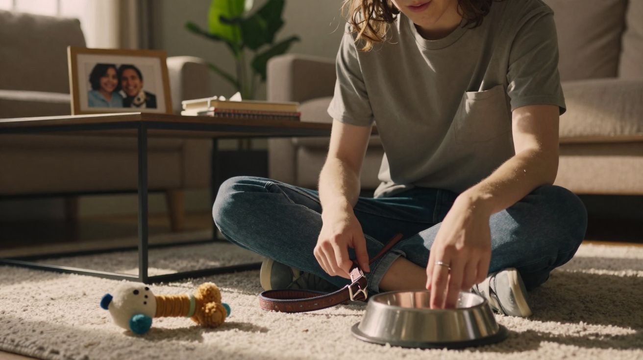 Pessoa sentada no chão colocando uma coleira ao lado de uma tigela de metal e brinquedo de cachorro.