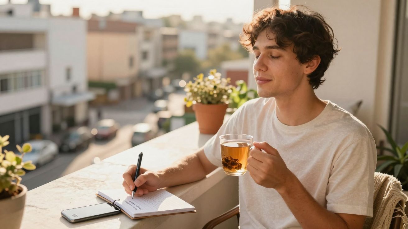 Jovem sentado na varanda, escrevendo em caderno e segurando uma xícara de chá, com plantas ao redor.