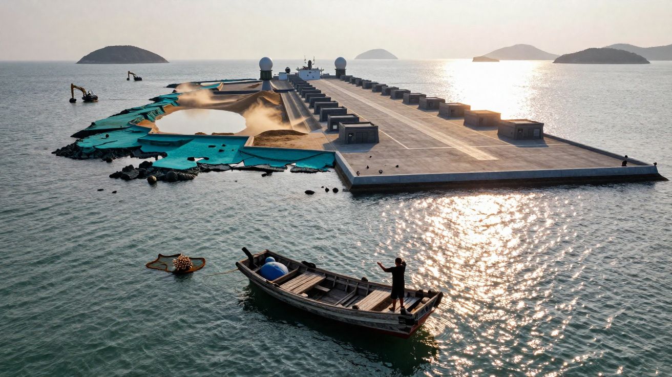Homem em barco próximo a grande plataforma artificial no mar com máquinas trabalhando ao fundo ao entardecer.