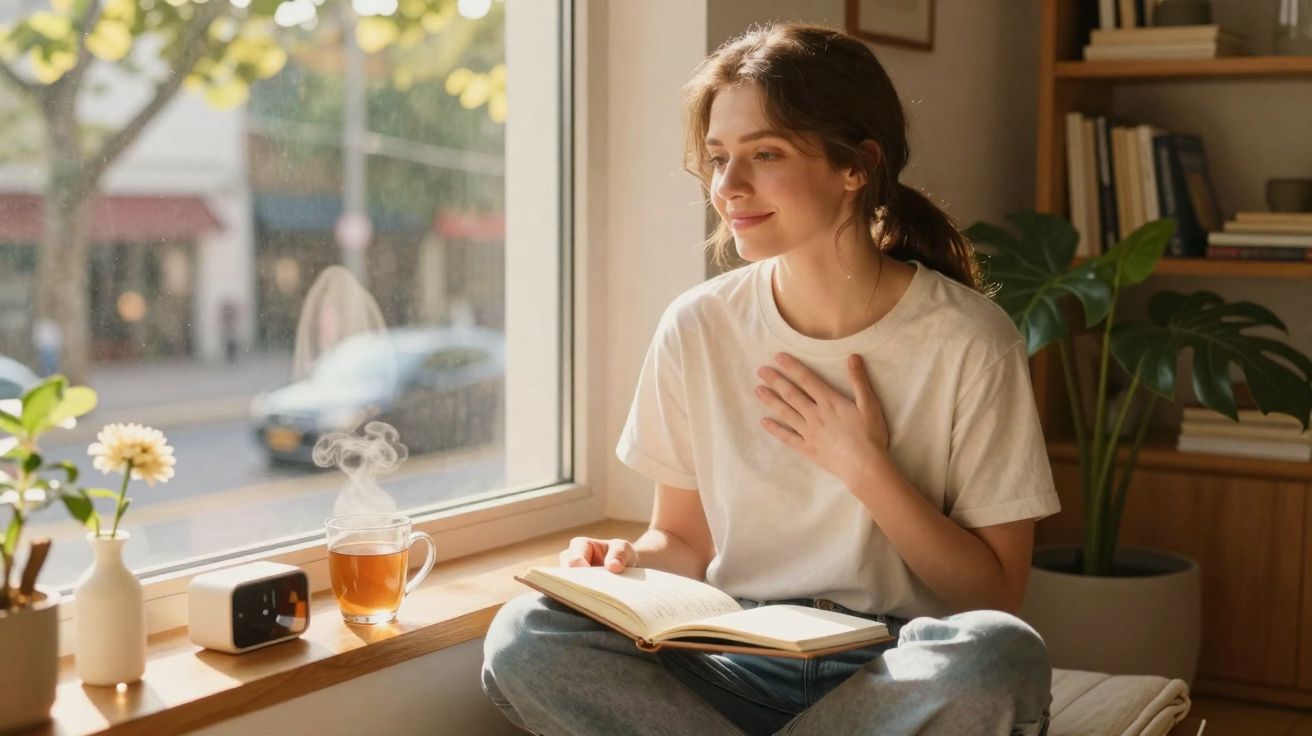 Mulher sorrindo, sentada perto da janela com livro aberto e chá quente no suporte de madeira.