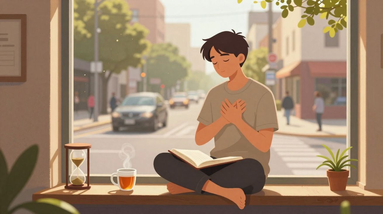 Jovem sentado na janela lendo livro, com xícara de chá e ampulheta, em ambiente urbano iluminado pelo sol.