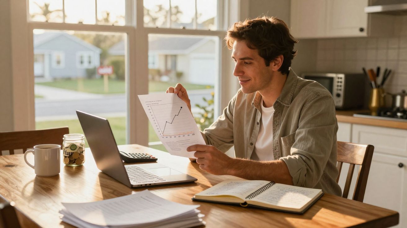 Homem sentado à mesa em casa, analisando gráfico em folha com laptop e caderno aberto à sua frente.