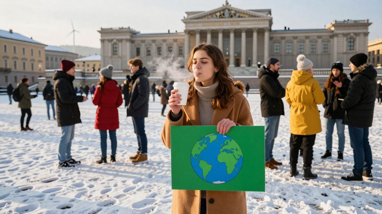 Mulher em casaco marrom segura cartaz da Terra e copo quente em protesto ambiental na neve.