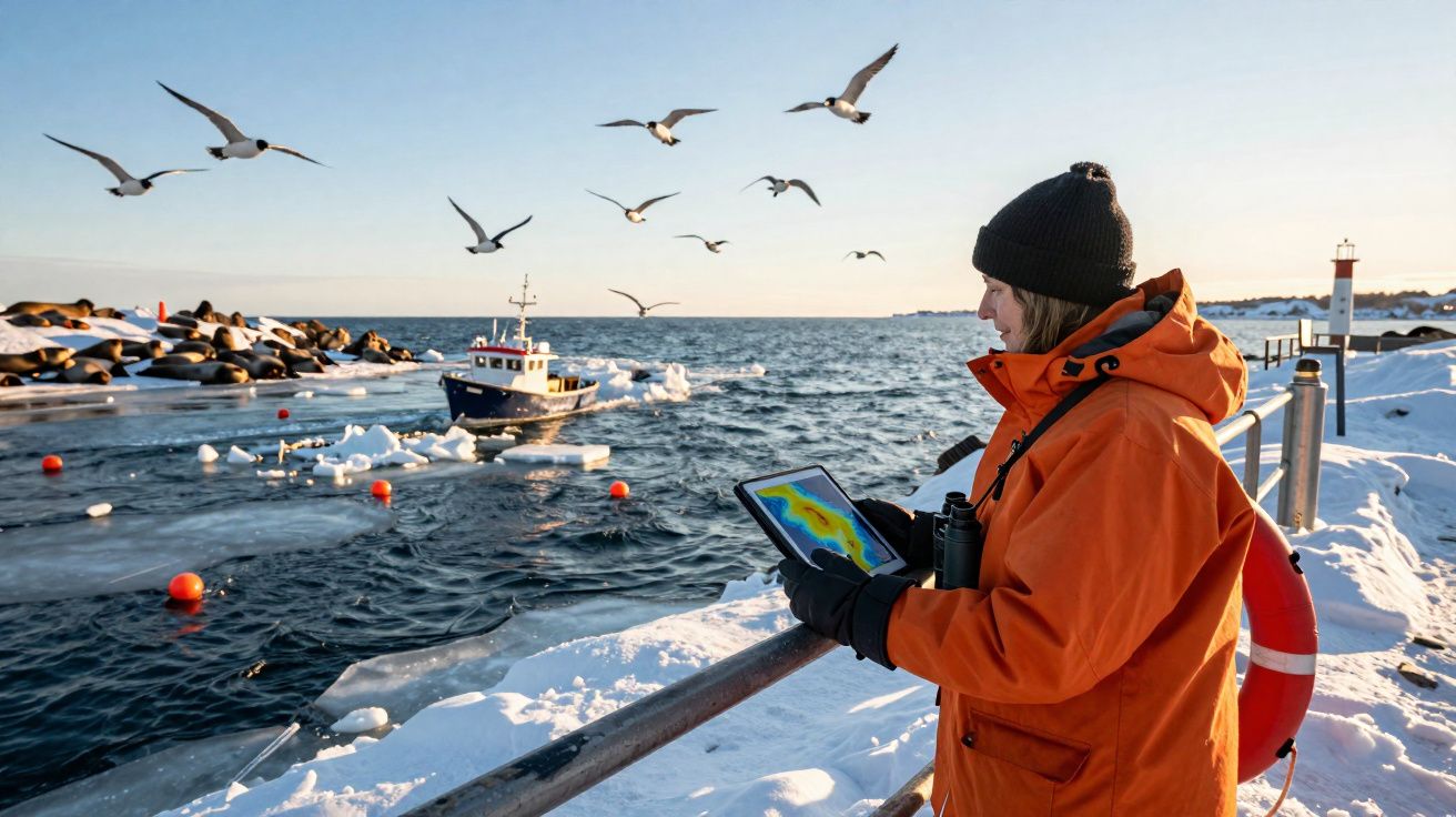 Pessoa com roupa laranja segura tablet perto de mar gelado com gaivotas voando e barco ao fundo.