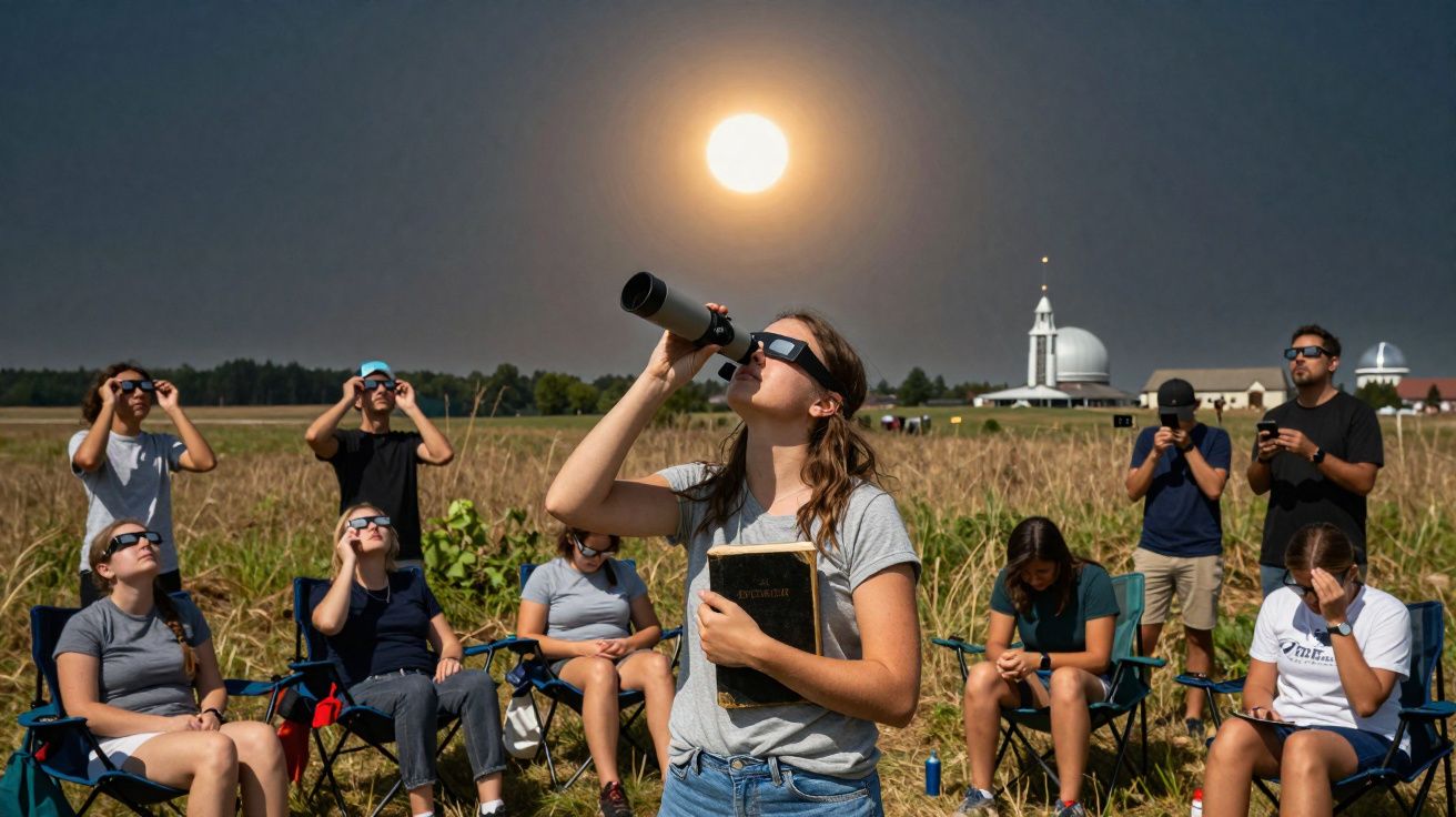 Grupo de pessoas ao ar livre observando eclipse solar com óculos especiais e equipamento astronômico.