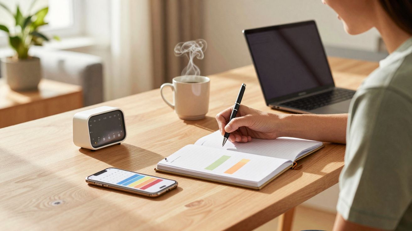 Pessoa escrevendo em caderno com laptop, celular, relógio digital e caneca de café numa mesa de madeira.