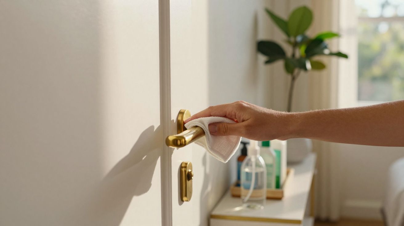 Mão limpando maçaneta dourada de porta com pano branco em ambiente claro e plantas ao fundo.