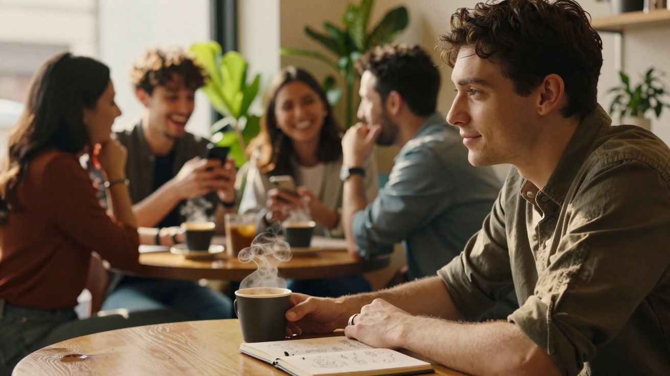 Jovem sentado sozinho com café quente e caderno, grupo de amigos conversando ao fundo em cafeteria.