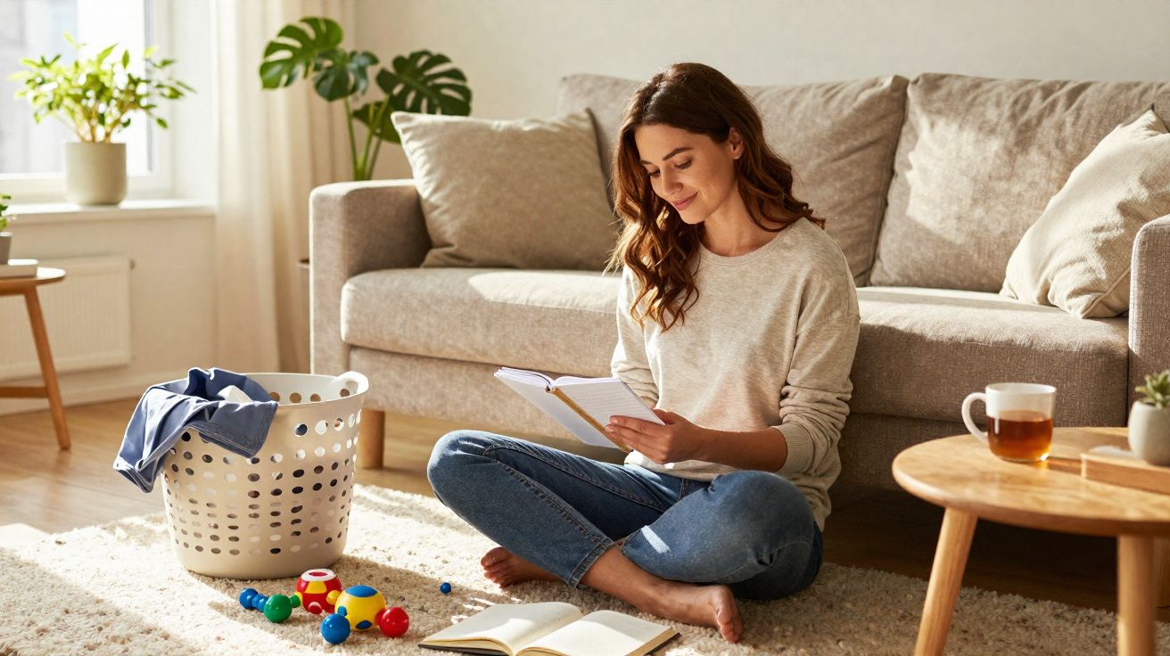 Mulher sentada no chão da sala lendo um livro, ao lado de brinquedos e cesta de roupas.