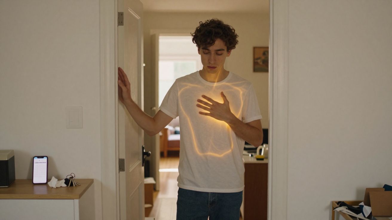 Jovem com camiseta branca tocando o peito com luz dourada formando um quadrado em seu corpo.