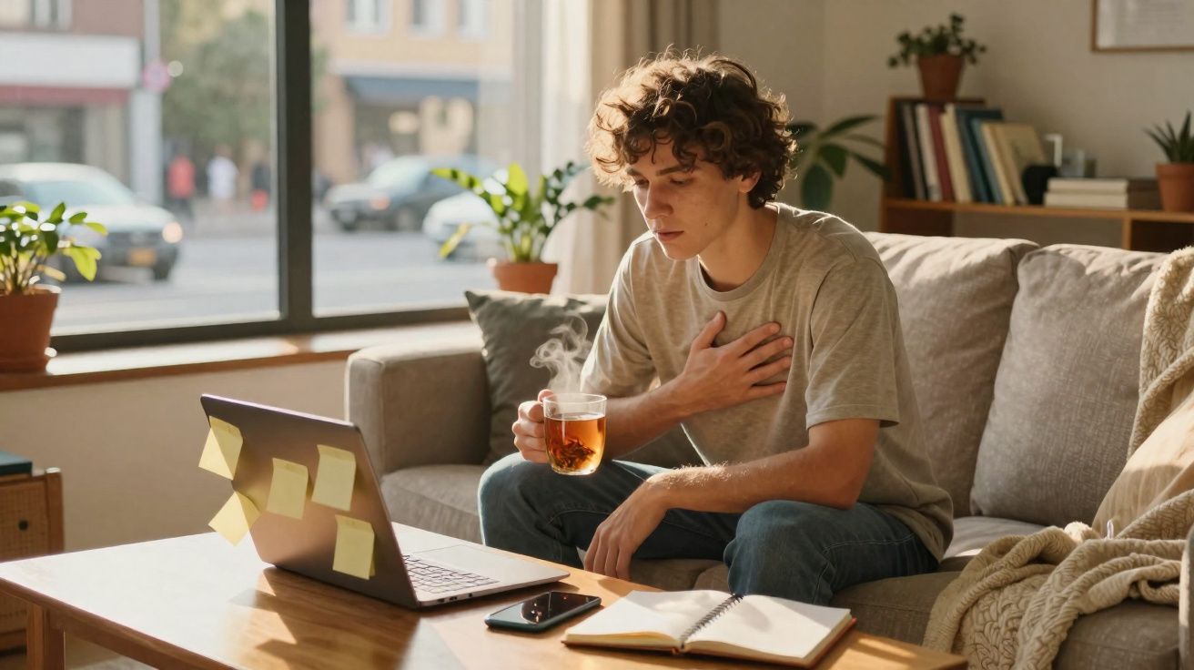 Jovem sentado no sofá com chá na mão e sentindo desconforto no peito enquanto olha para um notebook.