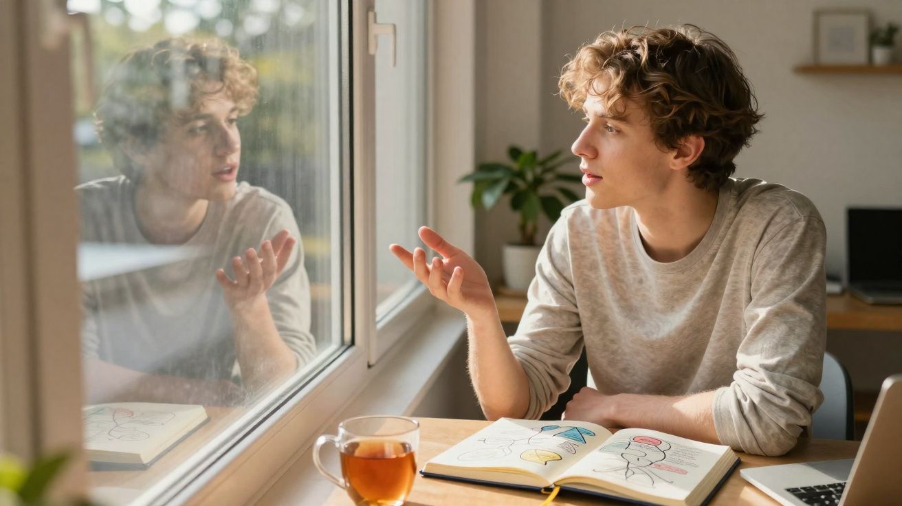 Jovem sentado à mesa, falando e olhando pela janela com livro aberto e xícara de chá à frente.