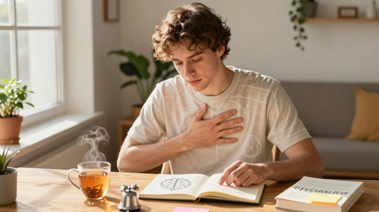 Jovem lendo livro sobre cérebro com expressão pensativa em mesa com chá e ervas, ambiente acolhedor.