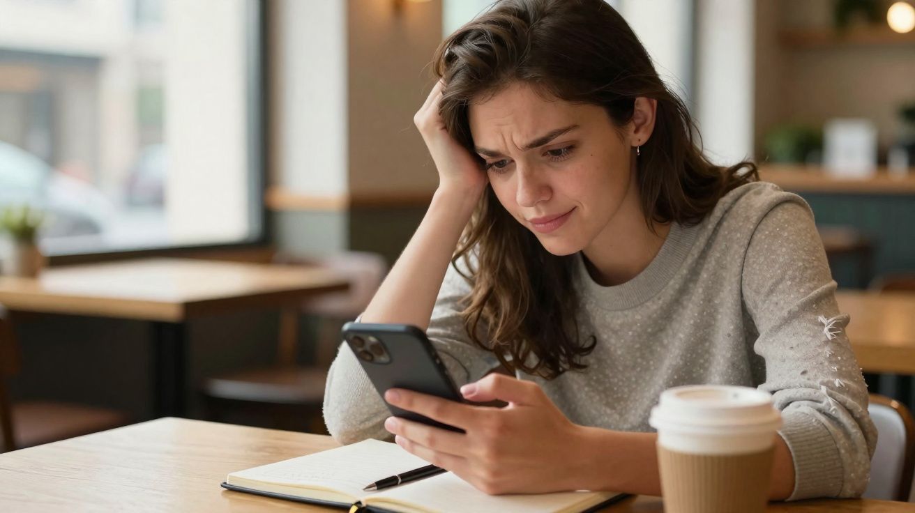 Mulher sentada em cafeteria olhando preocupada para o celular, com caderno e café à sua frente.