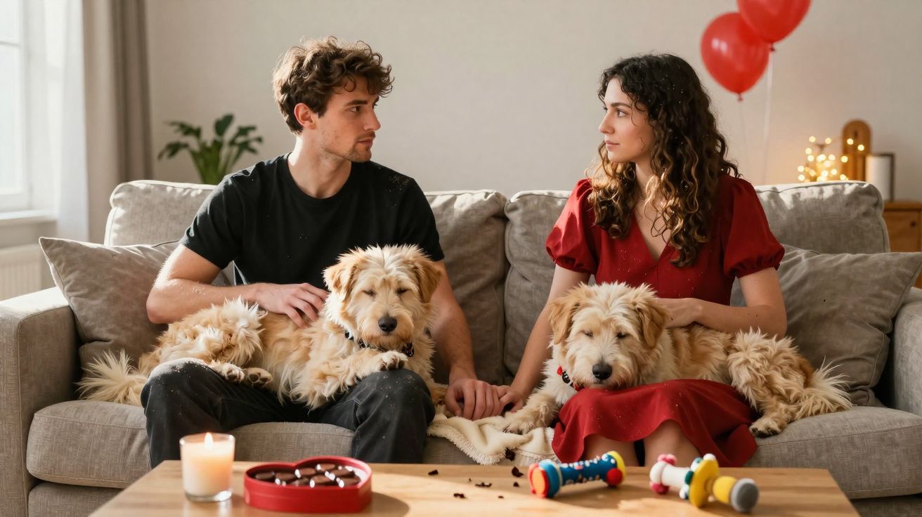 Casal jovem sentado no sofá com dois cães dourados, segurando as mãos e olhando um para o outro.