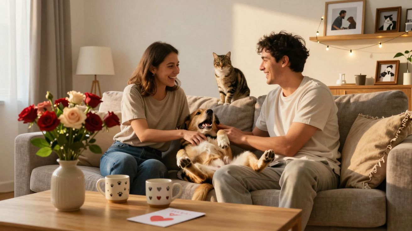 Casal sentado no sofá com cachorro deitado e gato sobre o encosto, em sala iluminada e aconchegante.