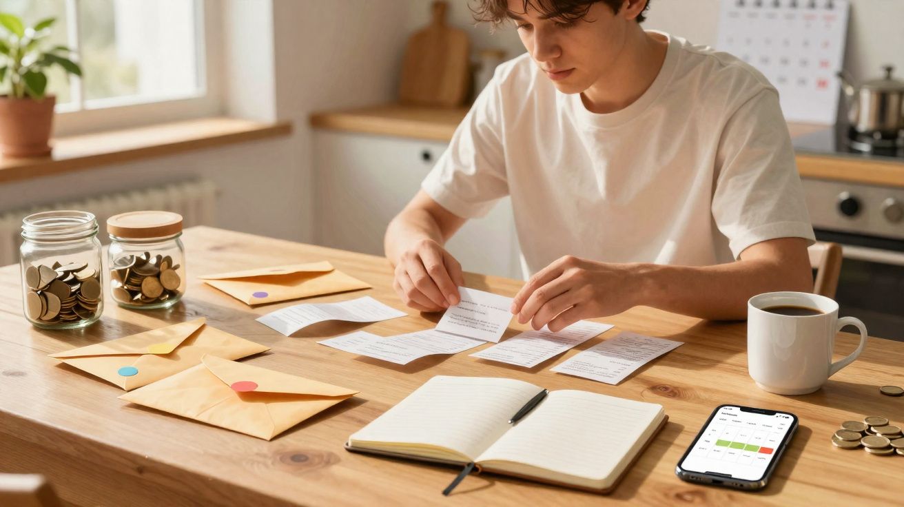 Jovem analisando contas e organizando finanças na mesa com envelopes, caderno, moedas e celular.