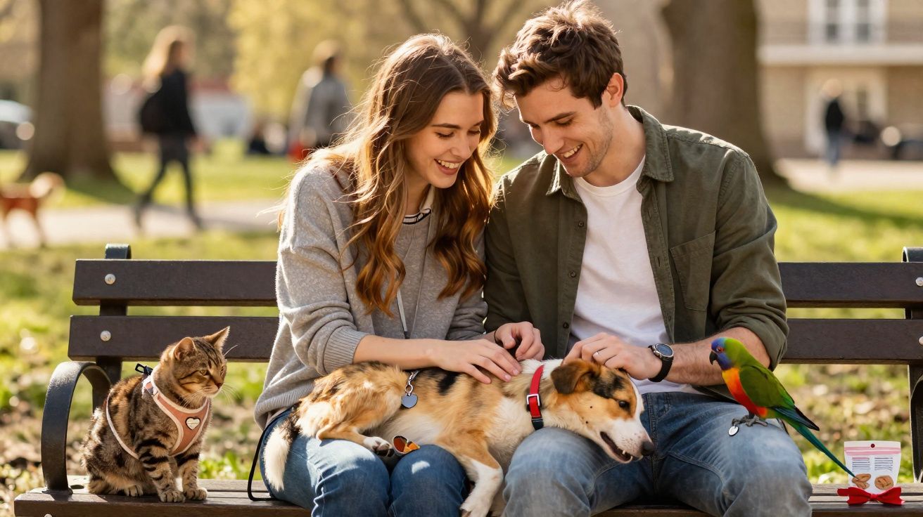 Casal sentado em banco de parque acariciando cachorro, com gato e papagaio ao redor no ambiente ao ar livre.