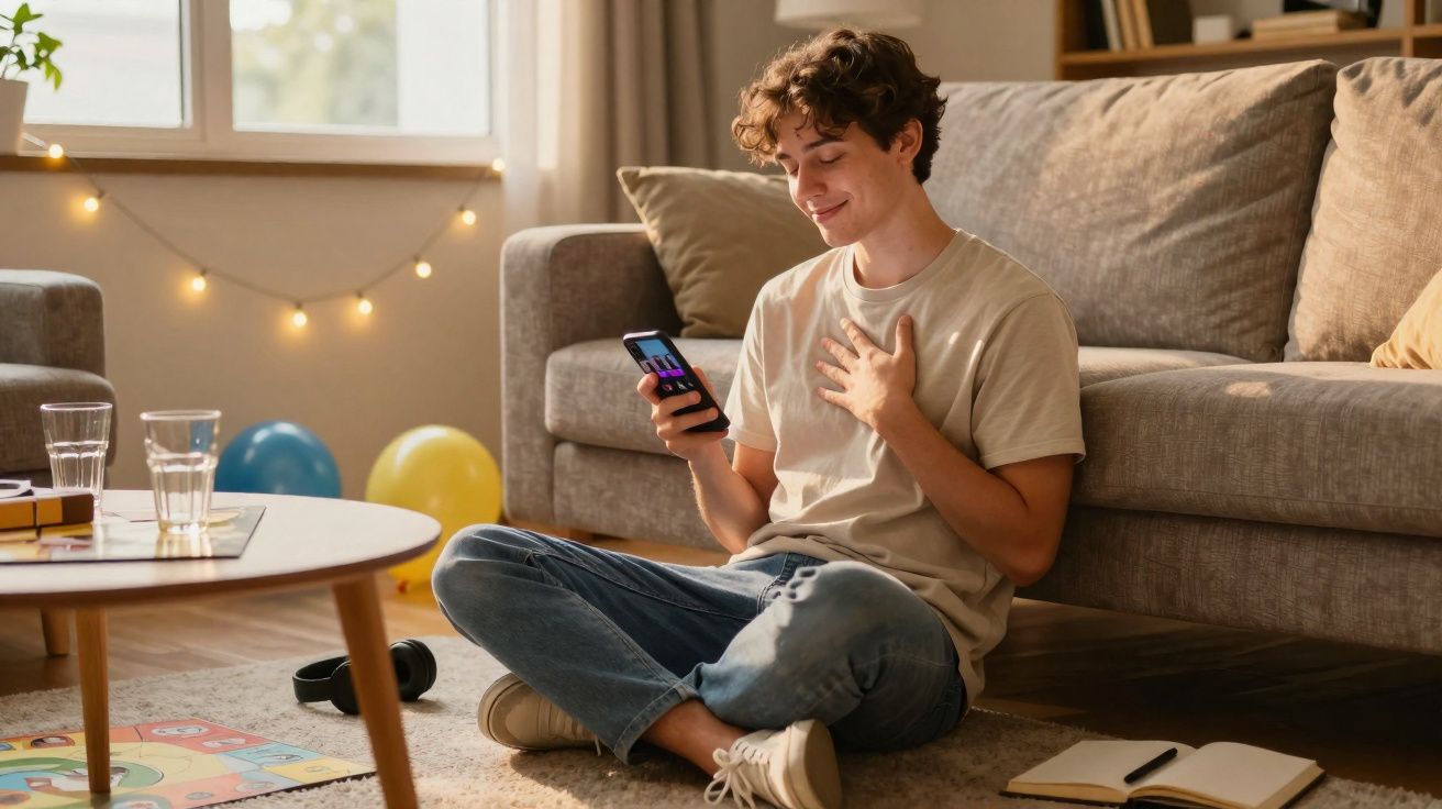 Jovem sentado no chão da sala, sorrindo ao olhar para o celular com a mão no peito.