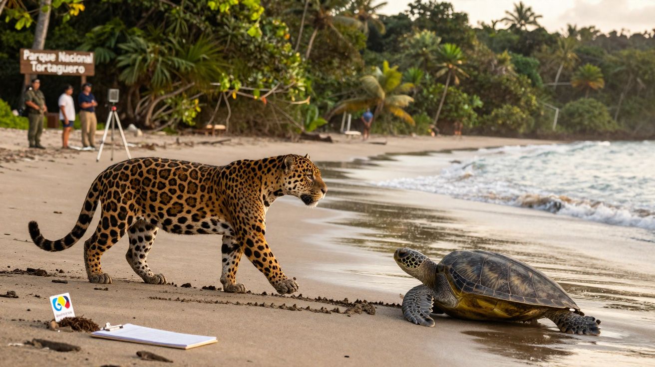 Onça-pintada e tartaruga-marinha na praia do Parque Nacional Tortuguero ao entardecer.
