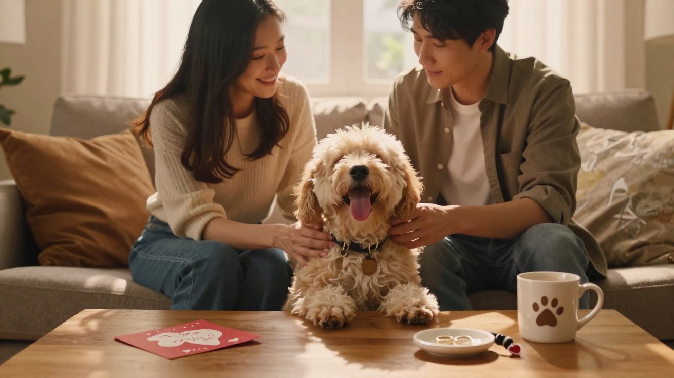 Casal sorrindo enquanto acaricia cachorro feliz sentado sobre mesa de madeira na sala.