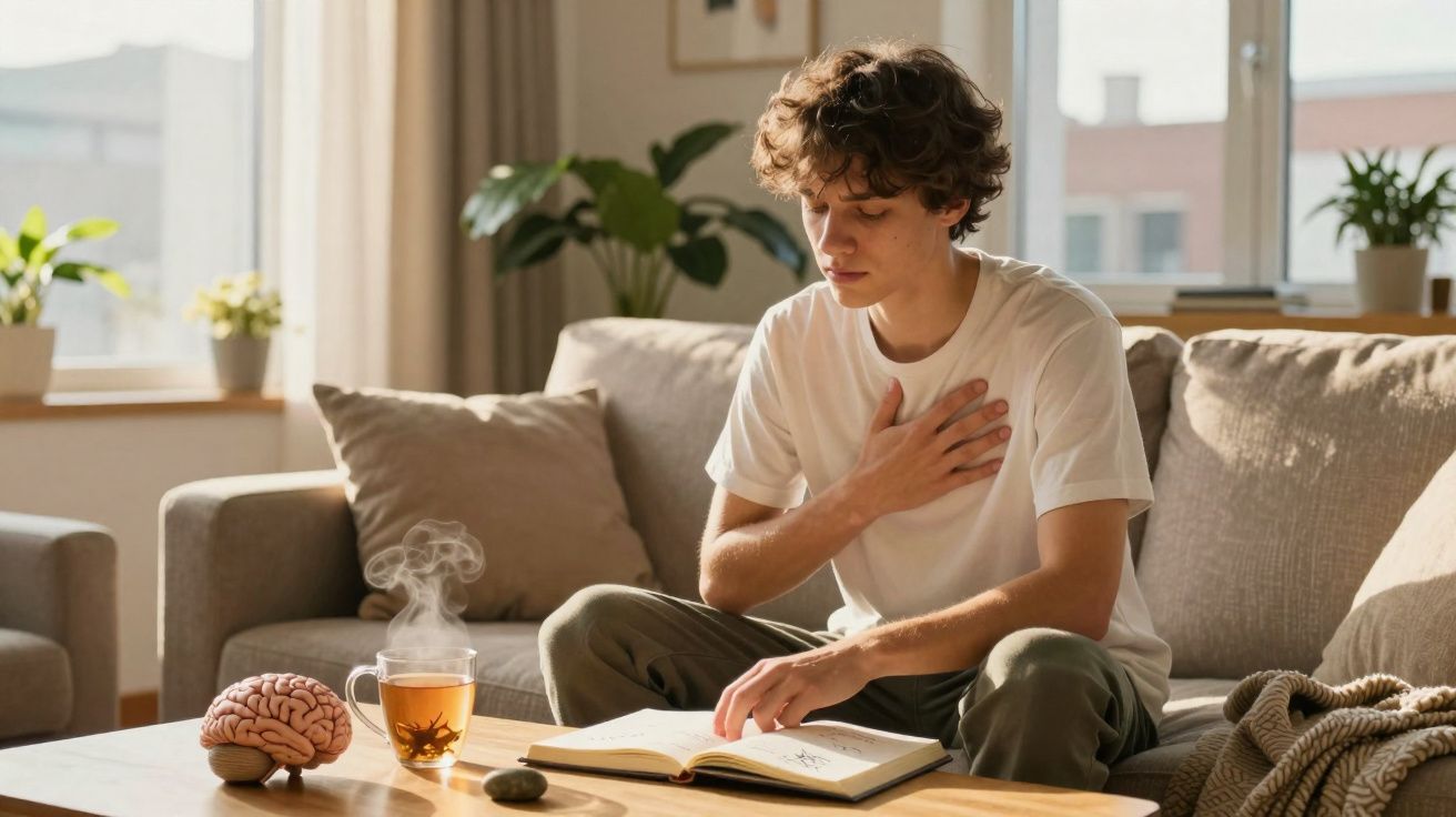 Jovem sentado no sofá lendo livro com mão no peito, xícara de chá e modelo de cérebro na mesa de madeira.