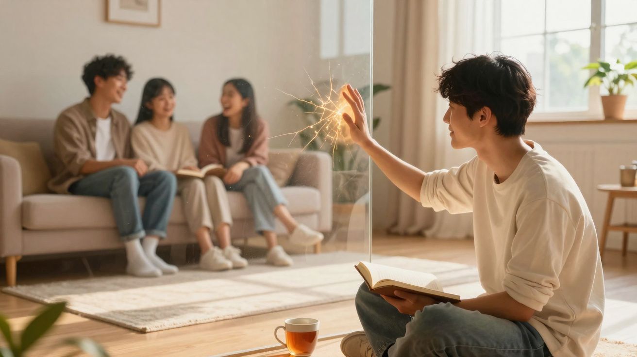 Jovem lendo livro e tocando vidro com fogo de artifício, enquanto três pessoas conversam no sofá atrás.