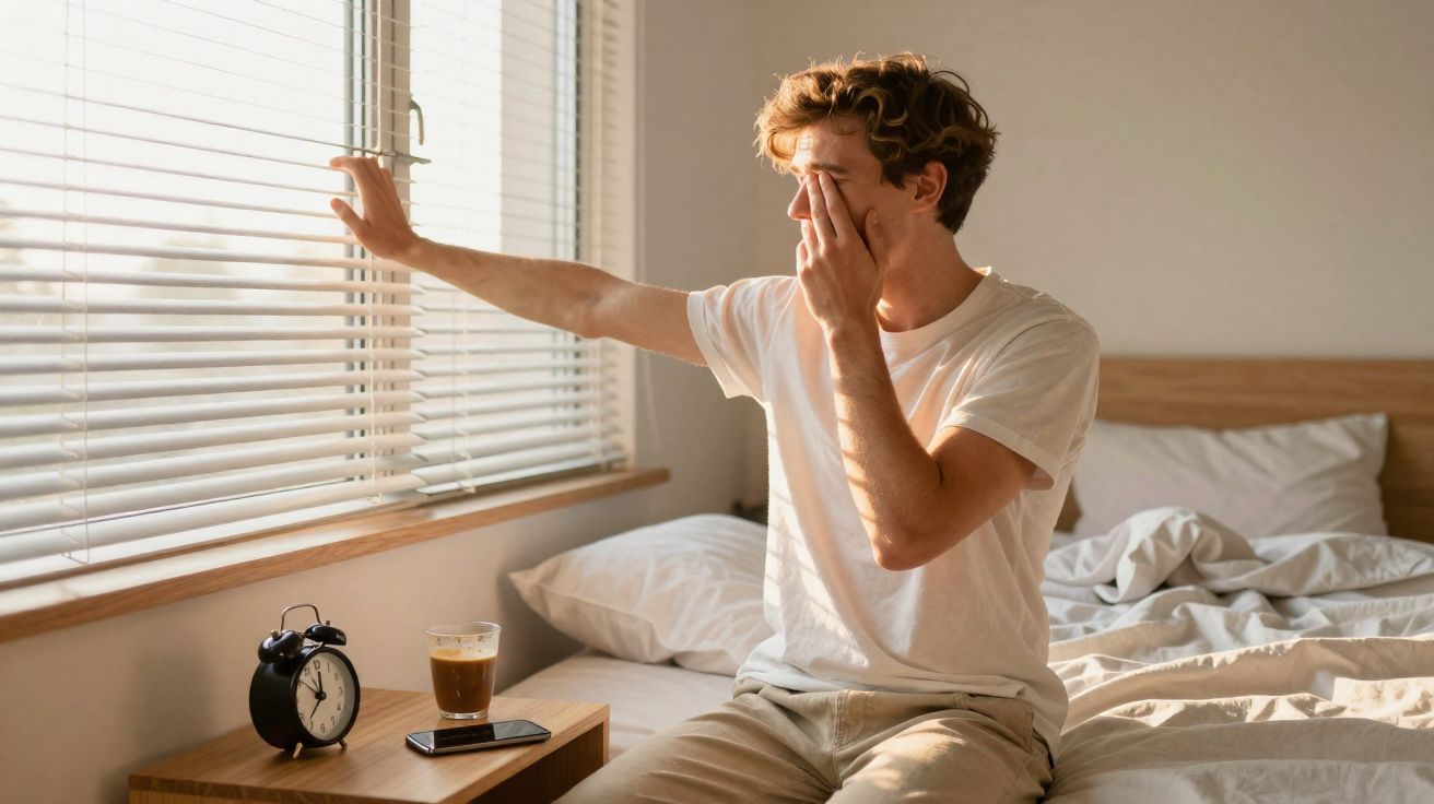 Jovem acordando, espreguiçando e abrindo a persiana ao lado da cama pela manhã.