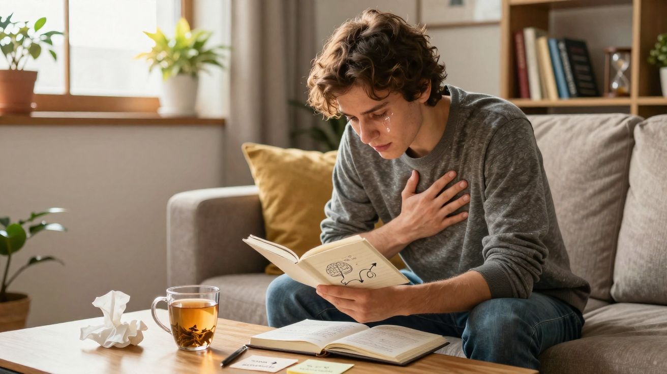 Jovem sentado no sofá lendo livro e chorando, com lenço usado e xícara de chá na mesa.