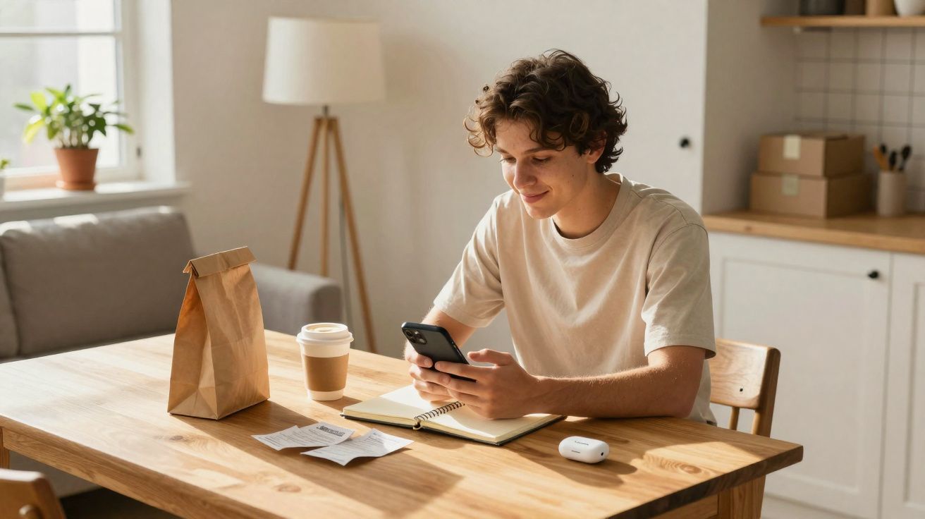 Jovem sentado à mesa usando celular, com caderno aberto, copo de café e sacola de papel ao lado.