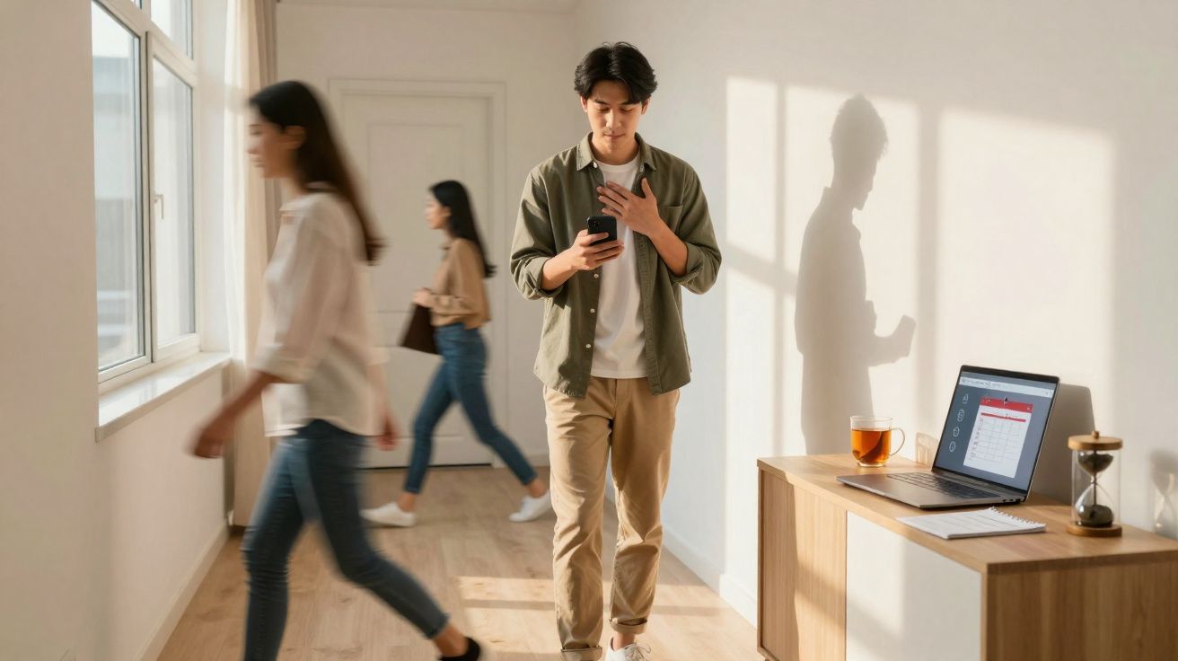 Jovem olhando para celular em corredor iluminado, com laptop e copo de chá em mesa ao lado.