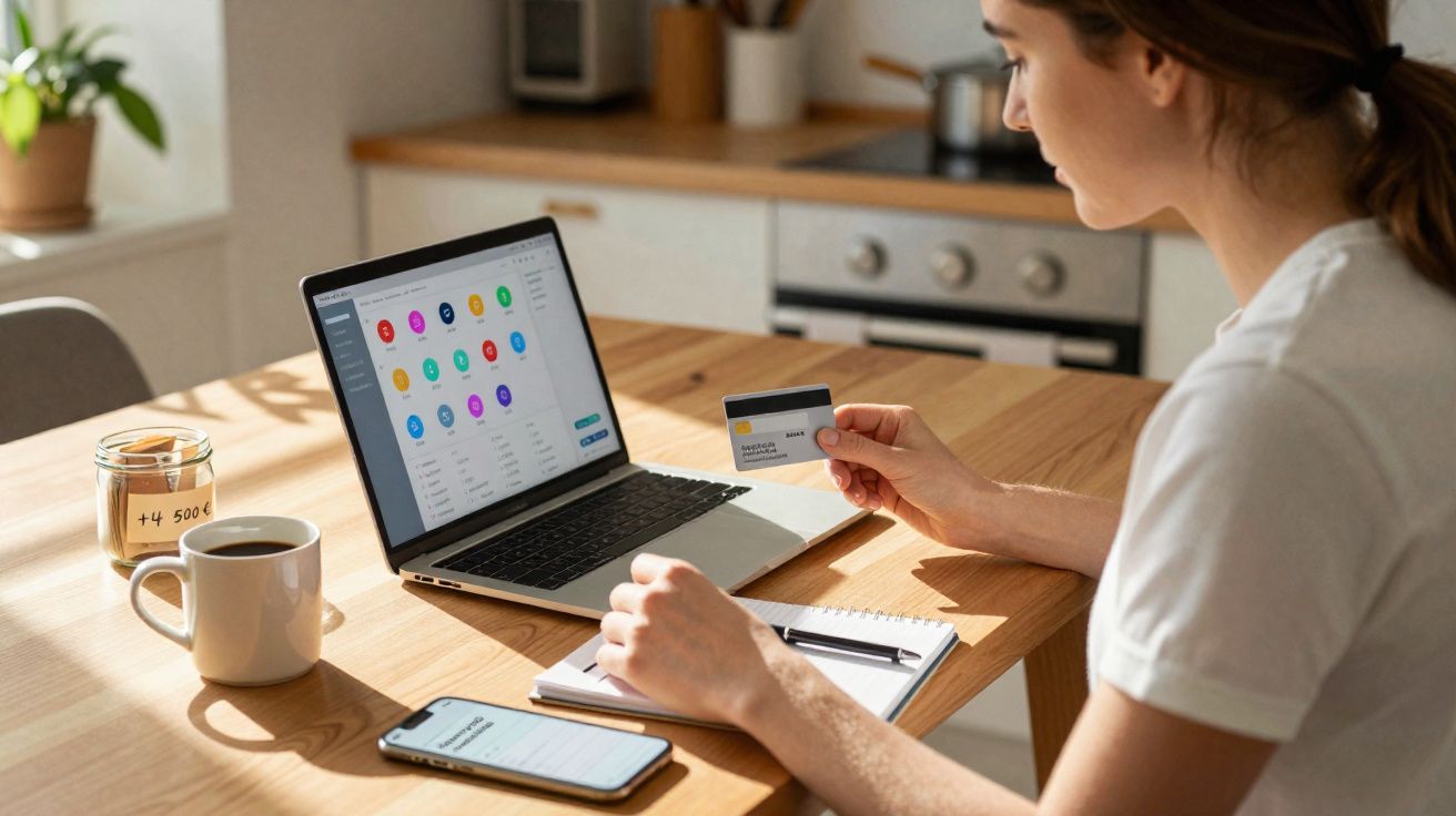 Mulher fazendo compras online com cartão de crédito em mesa com notebook, celular e café.