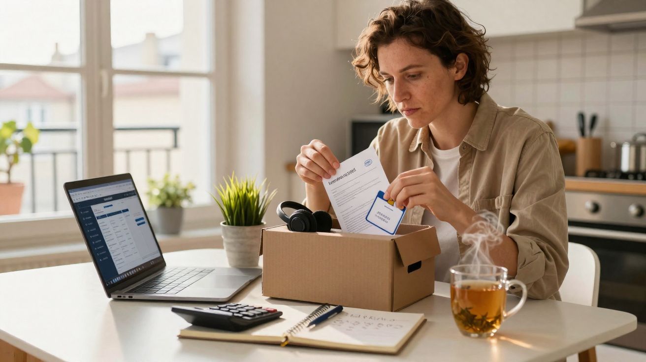 Pessoa desempacotando itens de trabalho em caixa de papelão, com laptop, caderno e chá na mesa.