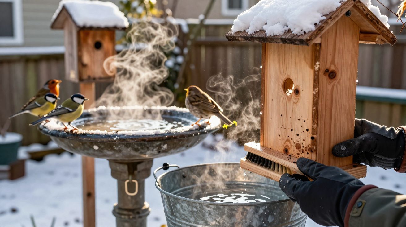 Pássaros em bebedouro com água quente em jardim com neve e pessoa segurando casinha de passarinho.