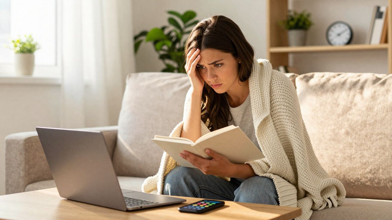 Mulher preocupada lendo livro no sofá, com cobertor e laptop à sua frente, em ambiente claro e aconchegante.