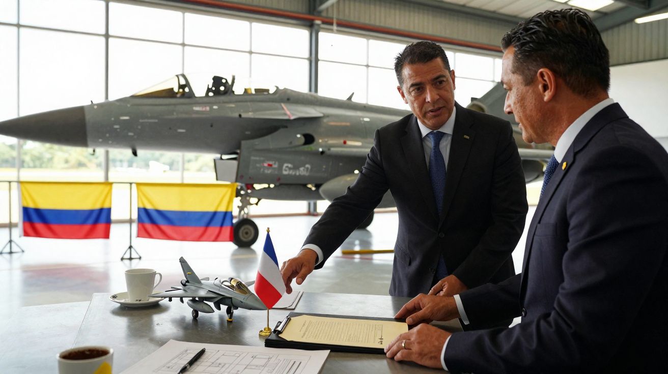 Dois homens em terno discutem plano com miniatura de avião e bandeira da França, com caça militar e bandeiras da Colômbia ao 