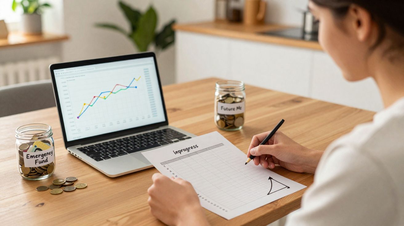 Pessoa analisando gráficos financeiros no papel e laptop enquanto guarda moedas em potes rotulados "Emergency Fund" e "Future
