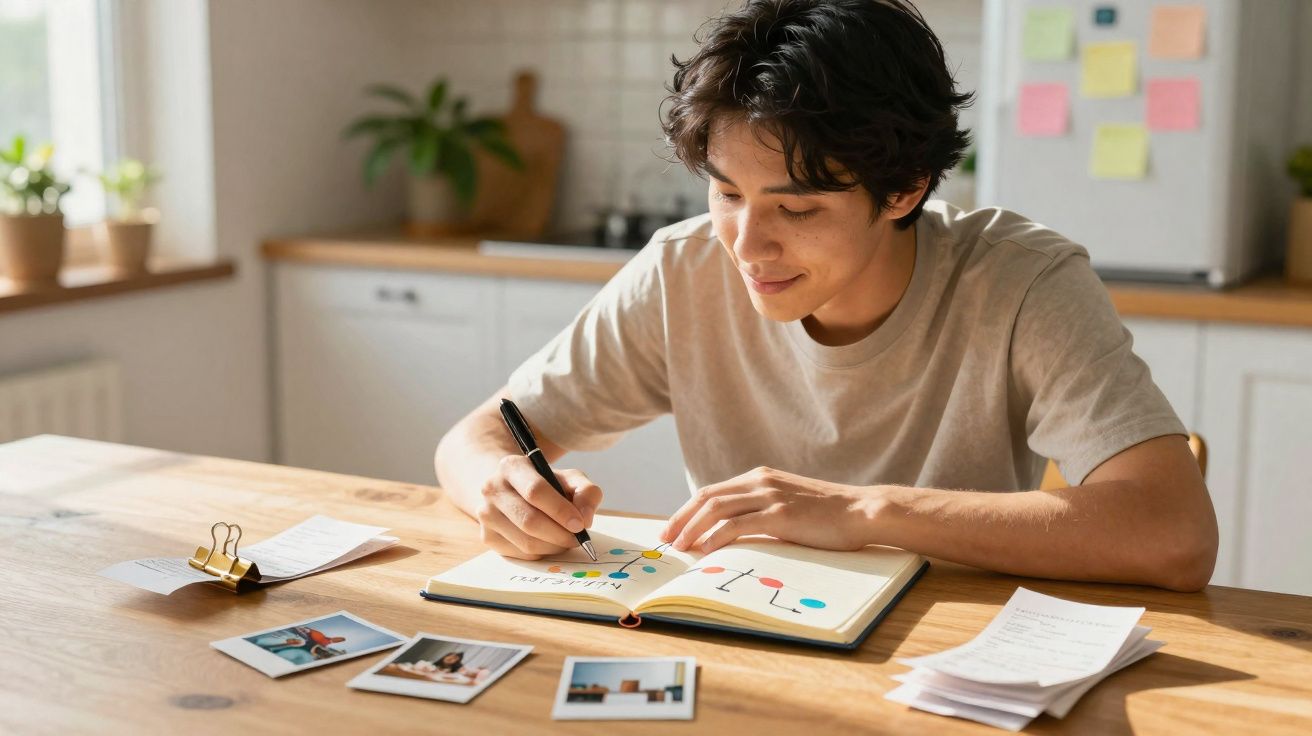 Jovem sentado à mesa escrevendo em caderno com várias anotações e fotos espalhadas no ambiente iluminado.