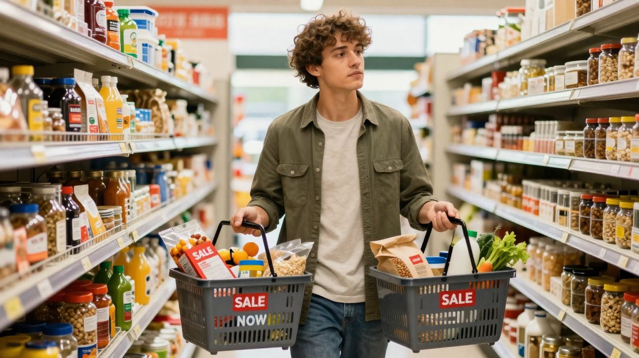 Homem jovem com cestas de compras nos corredores de supermercado observando produtos em promoção.