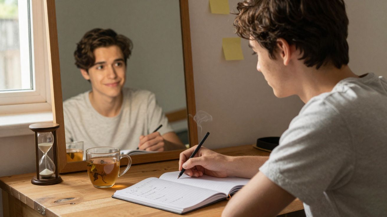 Jovem escrevendo em caderno sentado à mesa com caneca de chá e ampulheta, olhando no espelho.