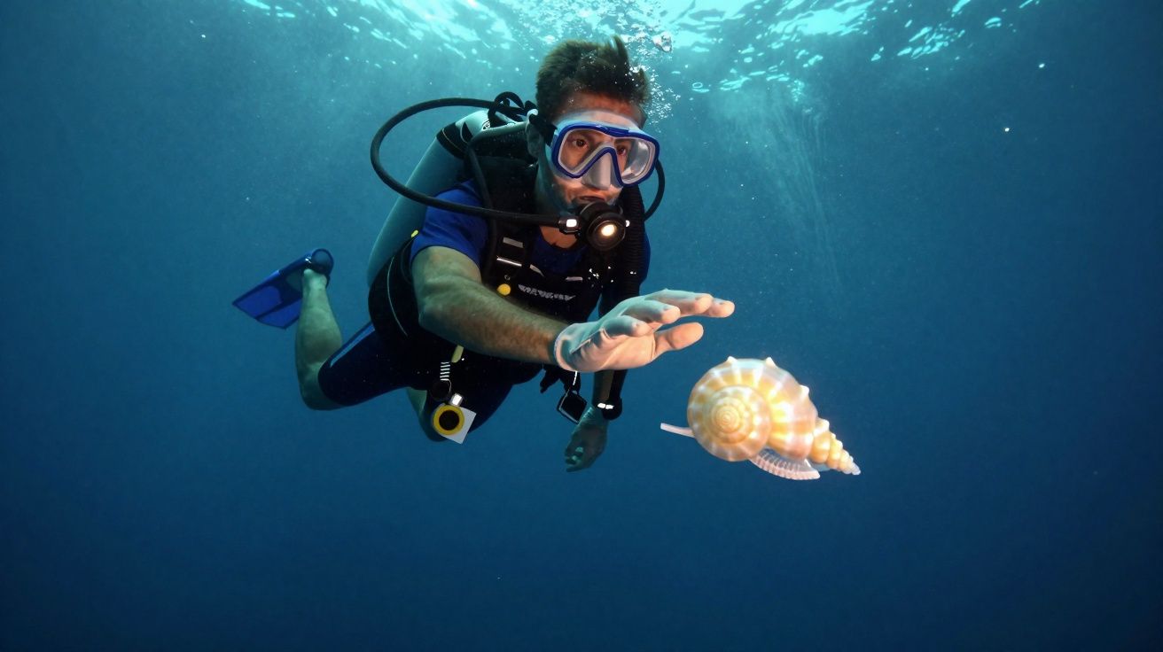 Mergulhador com roupa e máscara azul alcança uma concha marinha grande em águas profundas.